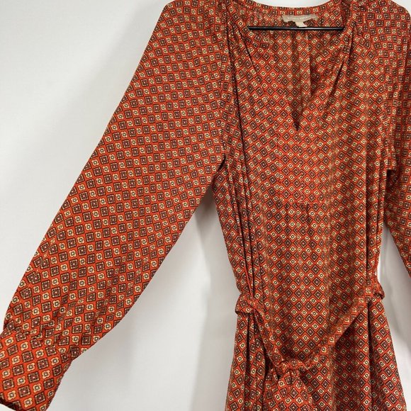 Banana Republic Dress Orange Printed V Neck Long Sleeve Tie Waist - Picture 5 of 11